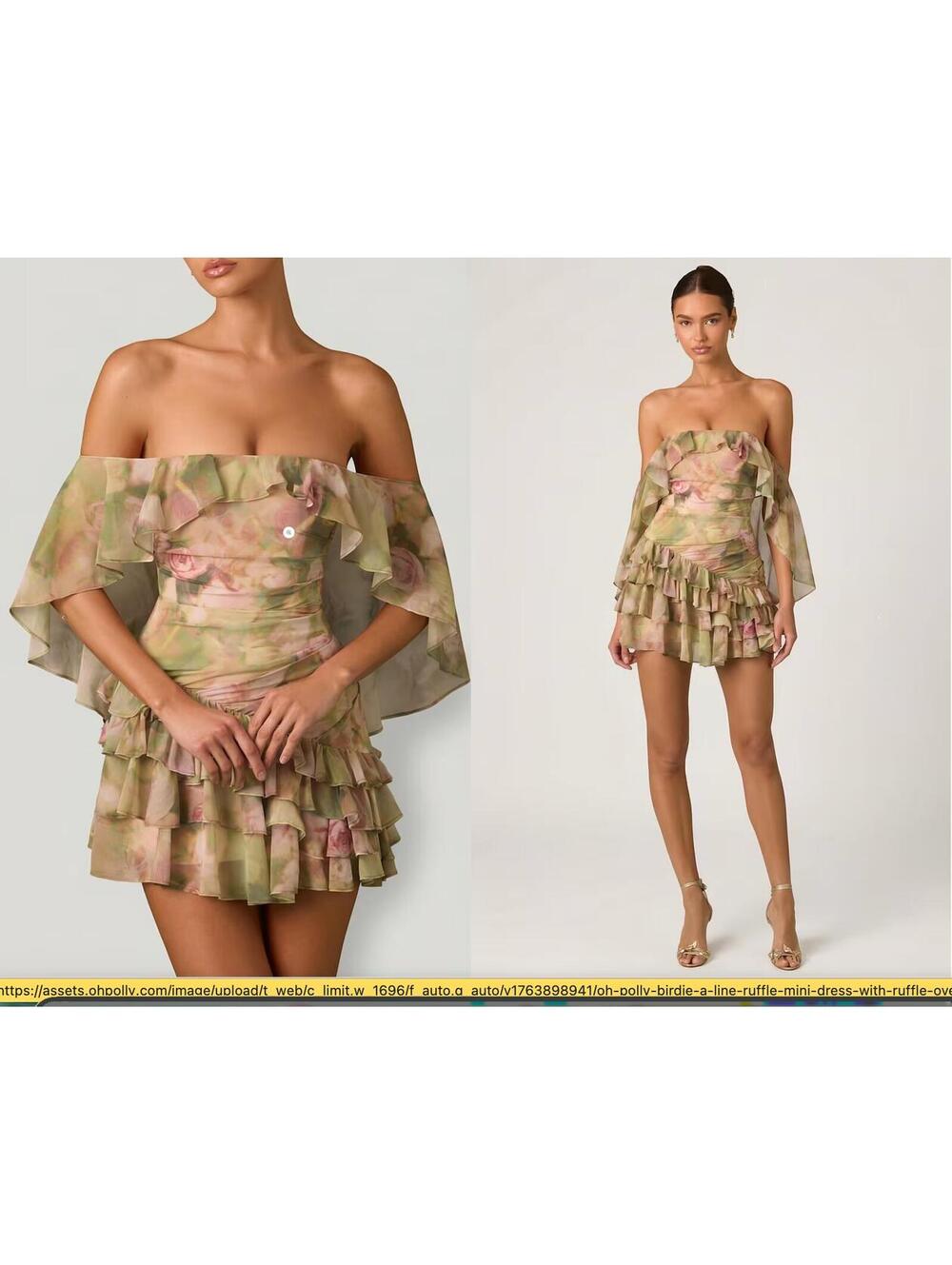Oh Polly Olive & Blush Floral Off-Shoulder Ruffle Mini Dress